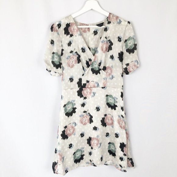 Topshop Floral Polka Dot Tea Dress Puff Ruched Sleeves V-Neck Slip Corset Summer - Picture 3 of 9